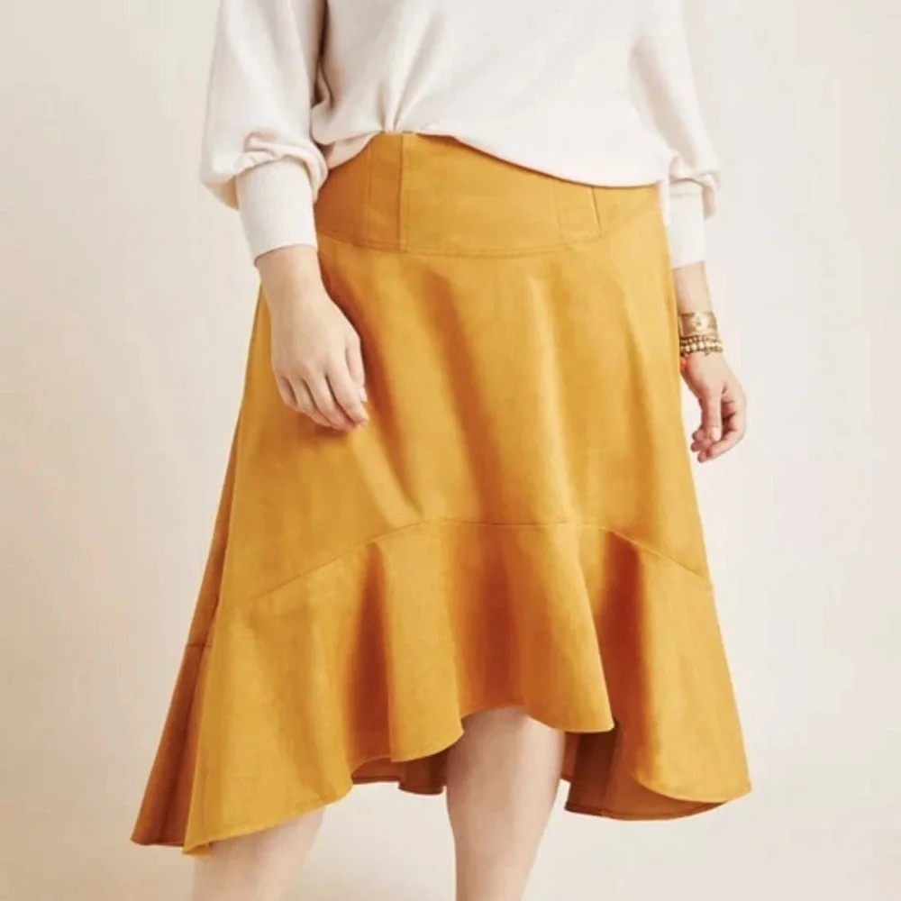 Maeve Anthropologie Cosima Flounced Hi-Low Suede Midi Skirt Mustard size 16W​​ - Picture 12 of 15